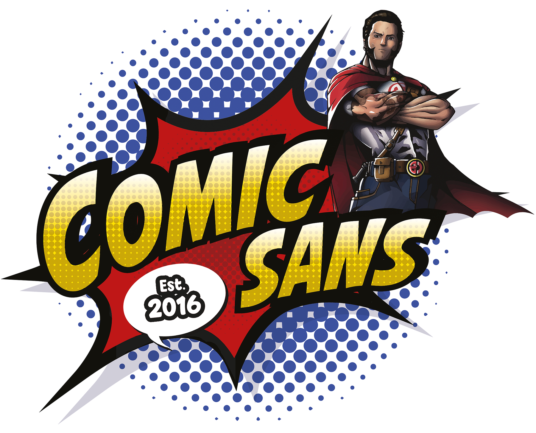 Logo van Comic Sans Gent Logo van Comic Sans Gent met superheld in cape