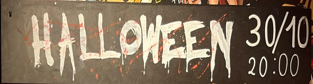 Halloweenbord in Comic Sans Gent: 30 oktober om 20:00.